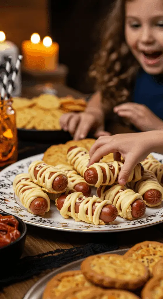 A large platter of homemade, spooky, and adorable Hot Dog Mummies being served at a fun and casual Halloween party.