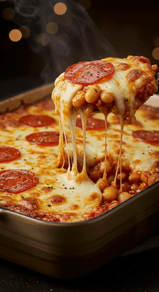 A beautiful, golden-brown homemade Pizza Bean Casserole in a baking dish with a cheesy, pepperoni topping and a saucy, hearty scoop being lifted out.