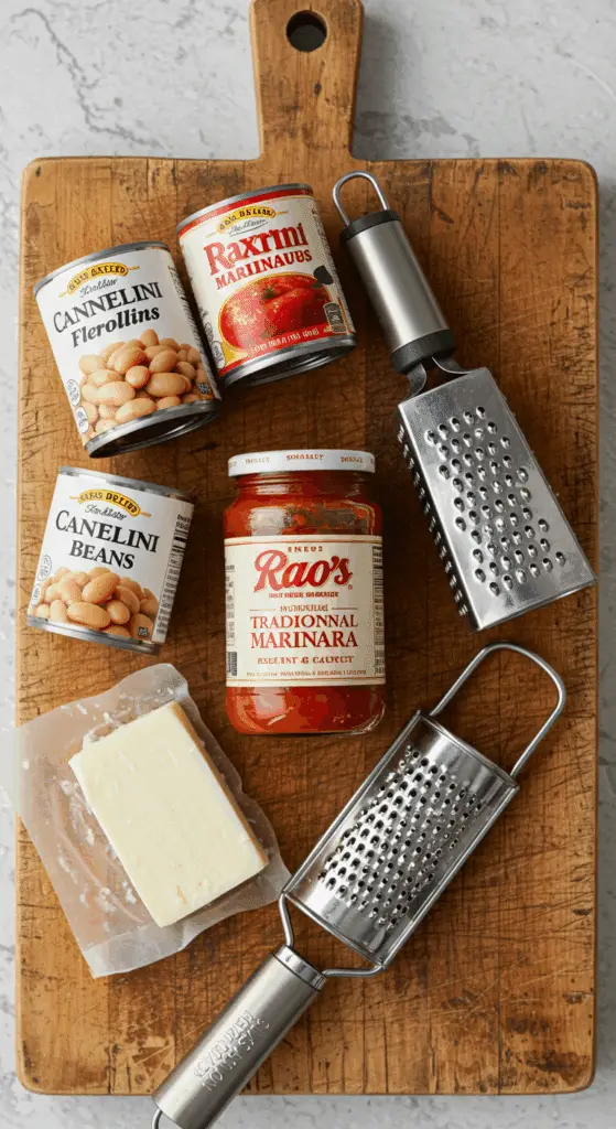 The simple, 3-ingredient, from-scratch components for the easy and cheesy Pizza Beans Casserole recipe.