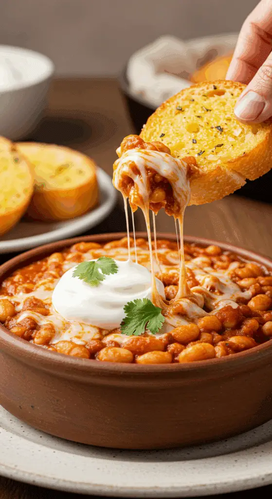 A beautiful, cheesy serving of homemade Pizza Beans being enjoyed with a piece of crusty garlic bread for a family dinner.