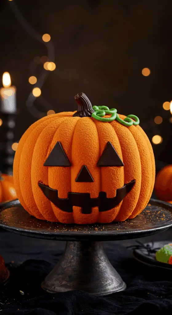 A beautiful, rustic cake stand with a homemade, spooky, and fun Jack O' Lantern Cake, shaped like a pumpkin with an orange frosting and a chocolate face.