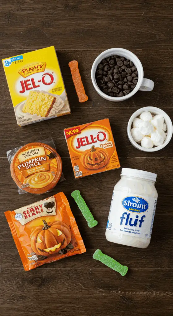 The simple, shortcut ingredients for the easy and spooky Jack O' Lantern Cake recipe.