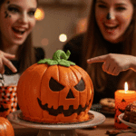 The whole, homemade, spooky, and orange Jack O' Lantern Cake being served as the centerpiece at a fun and casual Halloween party.