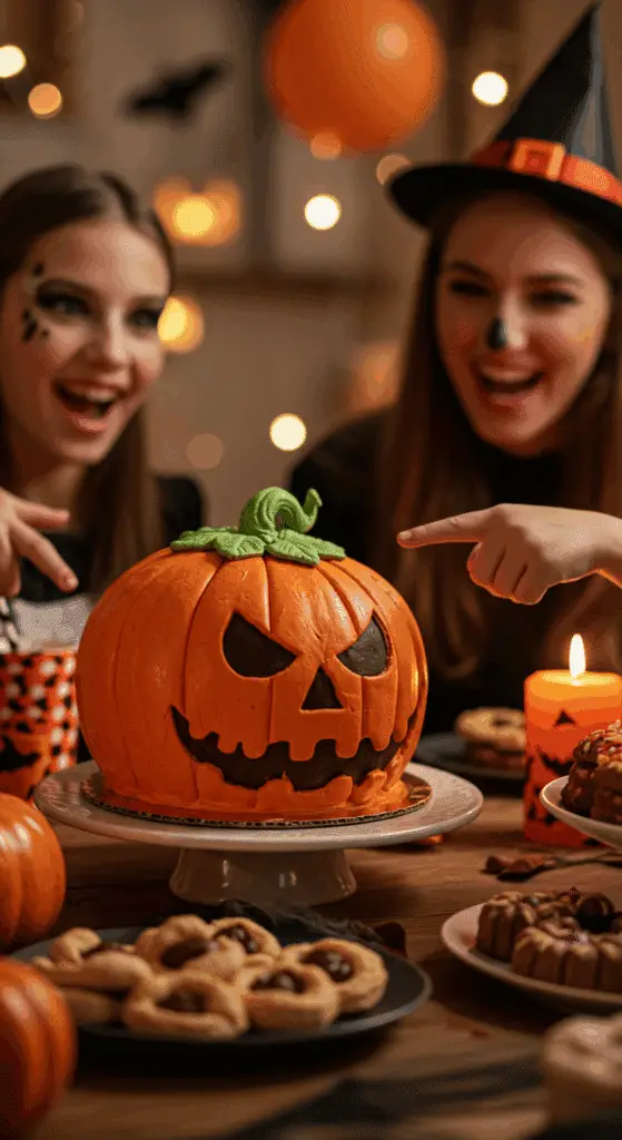 The whole, homemade, spooky, and orange Jack O' Lantern Cake being served as the centerpiece at a fun and casual Halloween party.