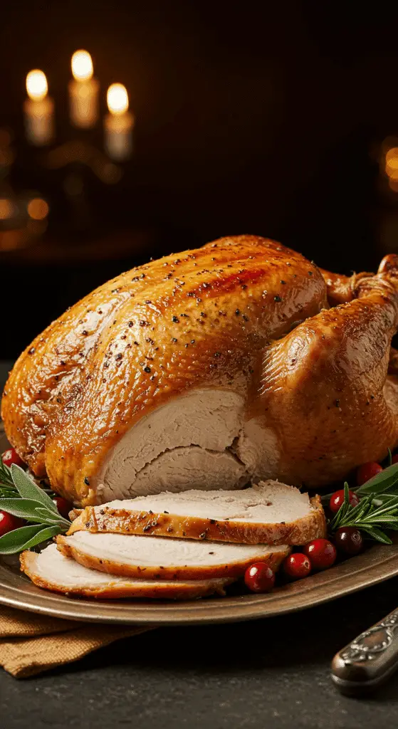 A beautiful, rustic platter with a homemade, juicy, and impressive Thanksgiving Turkey, with a crispy, golden-brown skin and a few thick, moist slices carved from the breast.