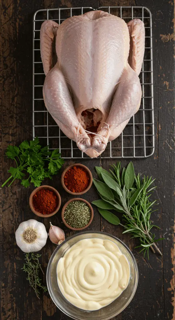 The simple, from-scratch ingredients for the classic and impressive Holiday Mayo-Roasted Turkey.