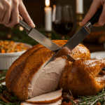 The whole, homemade, impressive, and golden-brown Mayo-Roasted Turkey being carved as the centerpiece at a fun and sophisticated Thanksgiving party.