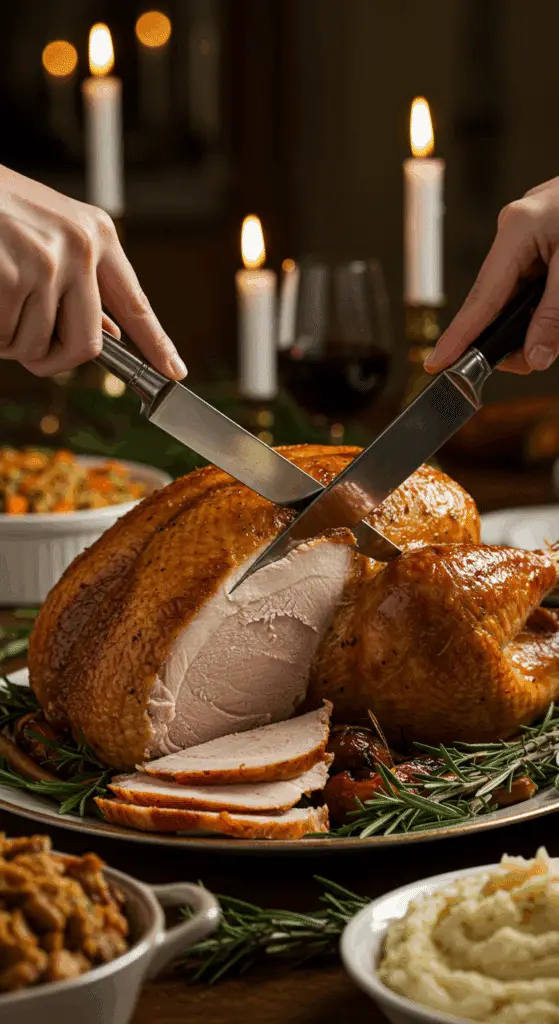 The whole, homemade, impressive, and golden-brown Mayo-Roasted Turkey being carved as the centerpiece at a fun and sophisticated Thanksgiving party.
