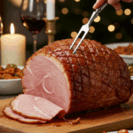 The whole, homemade, impressive, and glazed Spiral-Cut Ham being served as the centerpiece at a fun and sophisticated Christmas party.