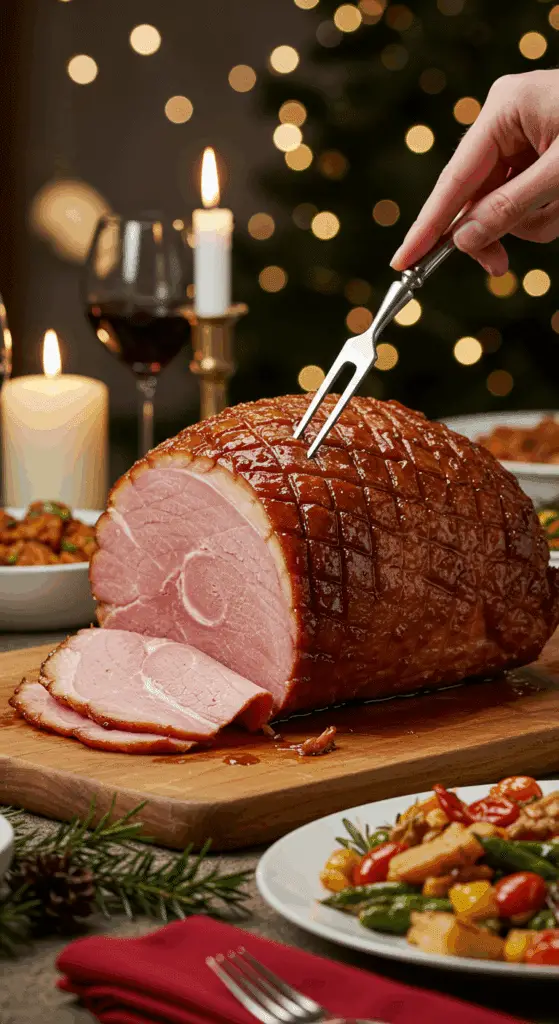 The whole, homemade, impressive, and glazed Spiral-Cut Ham being served as the centerpiece at a fun and sophisticated Christmas party.