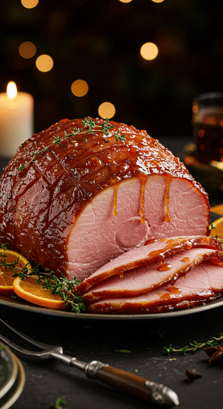 A beautiful, elegant platter with a homemade, juicy, and impressive Holiday Glazed Spiral-Cut Ham, with a glossy, dark apricot glaze dripping down the slices.