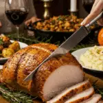 The whole, homemade, impressive, and golden-brown Herb-Roasted Turkey Breast being carved as the centerpiece at a fun and sophisticated Thanksgiving party.