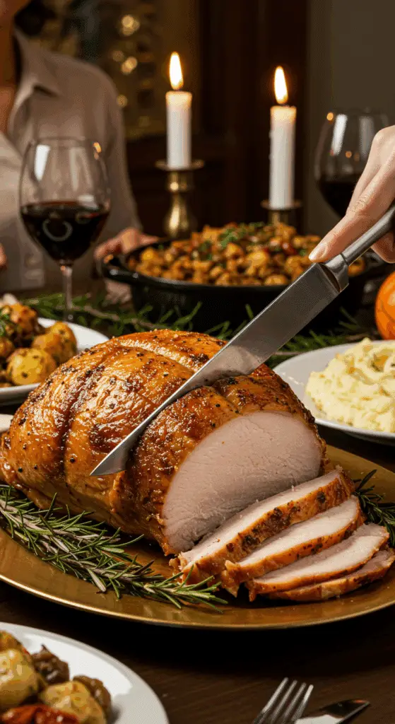 The whole, homemade, impressive, and golden-brown Herb-Roasted Turkey Breast being carved as the centerpiece at a fun and sophisticated Thanksgiving party.