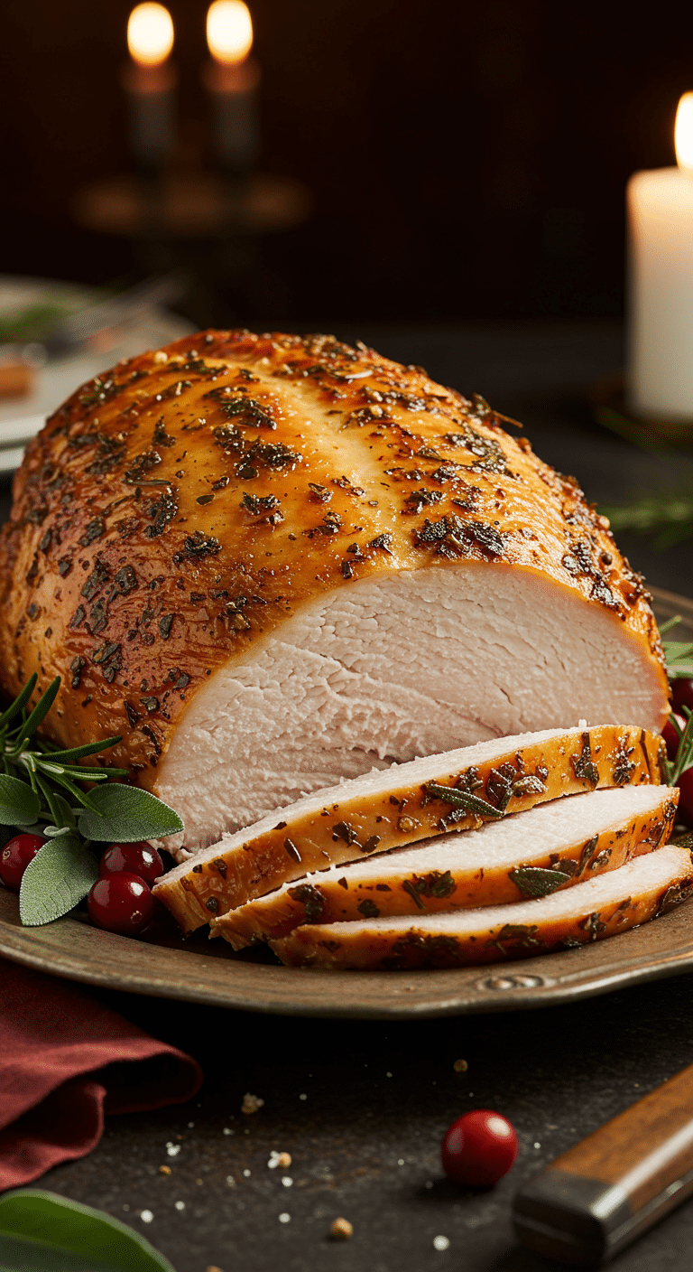 A beautiful, rustic platter with a homemade, juicy, and impressive Herb-Roasted Turkey Breast, with a crispy, golden-brown skin and a few thick, moist slices carved from it.