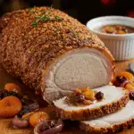 A beautiful, rustic cutting board with a homemade, juicy, and impressive Holiday Roast Pork Loin, with a crispy, mustard-thyme crust and a beautiful, chunky, fruit and onion pan sauce.