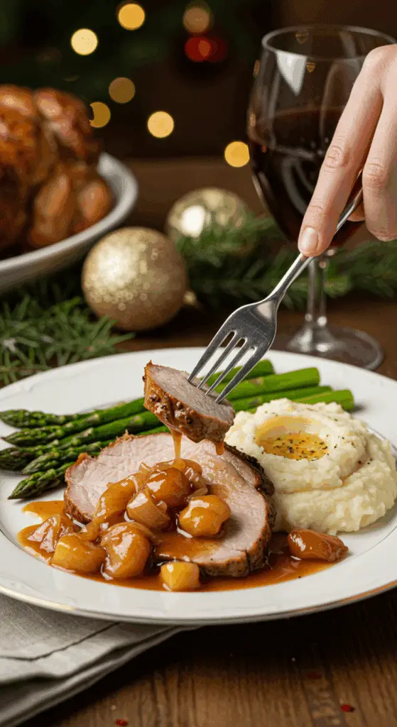 A beautiful plate of a homemade, thinly sliced, and juicy Roast Pork Loin, being served with a chunky fruit and onion pan sauce and mashed potatoes at a Christmas dinner.