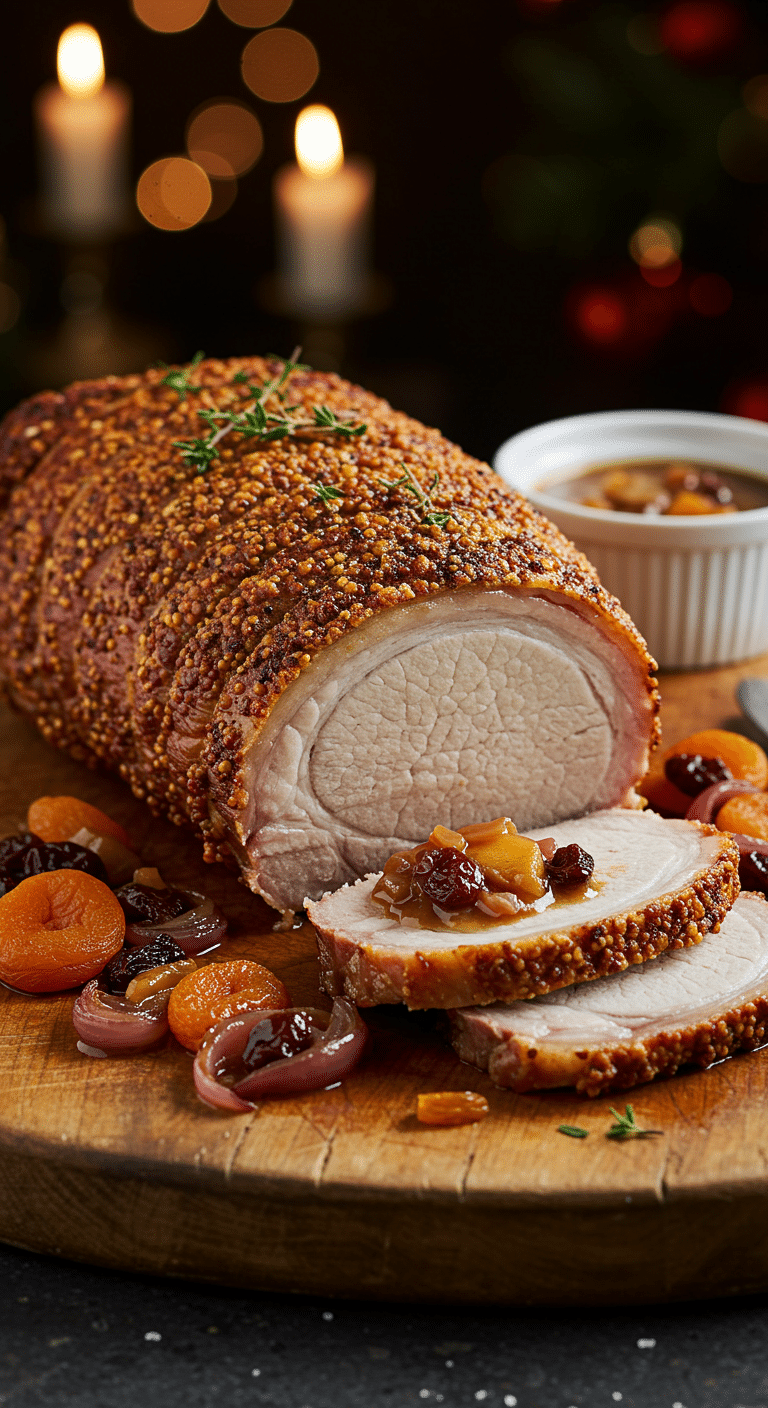 A beautiful, rustic cutting board with a homemade, juicy, and impressive Holiday Roast Pork Loin, with a crispy, mustard-thyme crust and a beautiful, chunky, fruit and onion pan sauce.