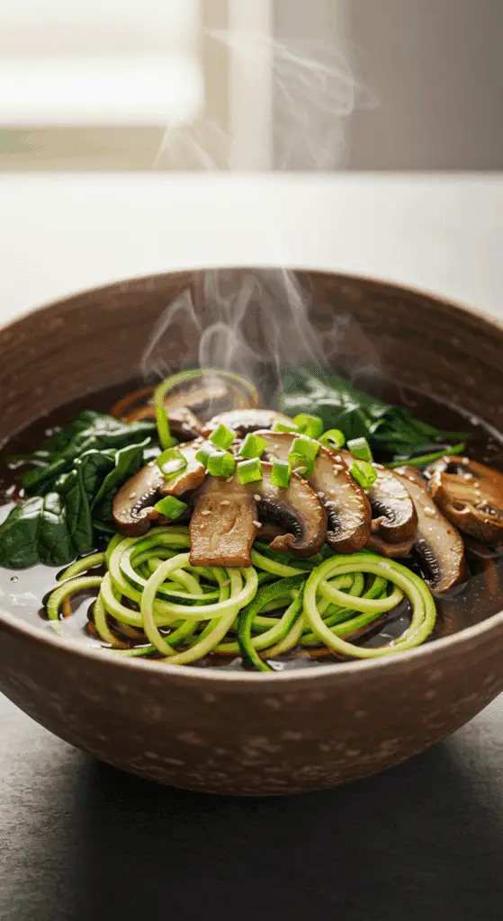 A beautiful, rustic bowl of homemade, healthy Keto Ramen with vibrant, green zucchini noodles, seared mushrooms, and a rich, dark broth.