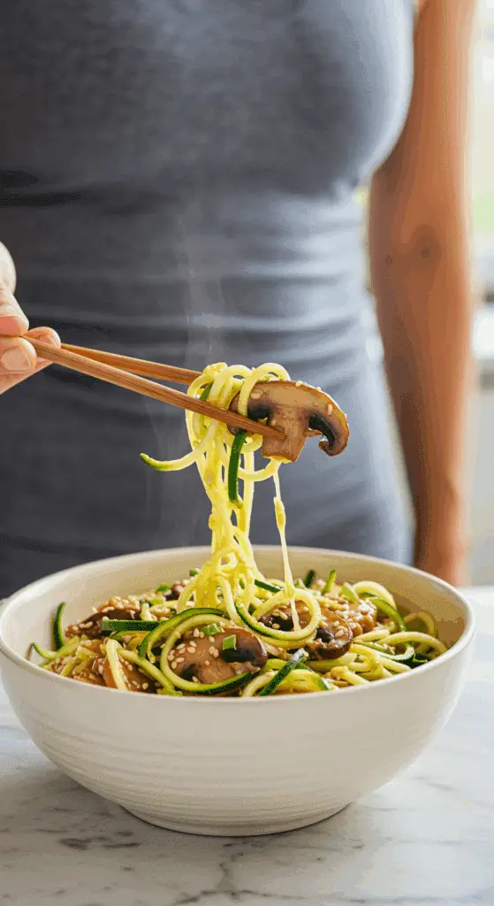 A cozy bowl of homemade, healthy Keto Ramen with Zucchini Noodles being enjoyed with chopsticks for a casual, healthy lunch.