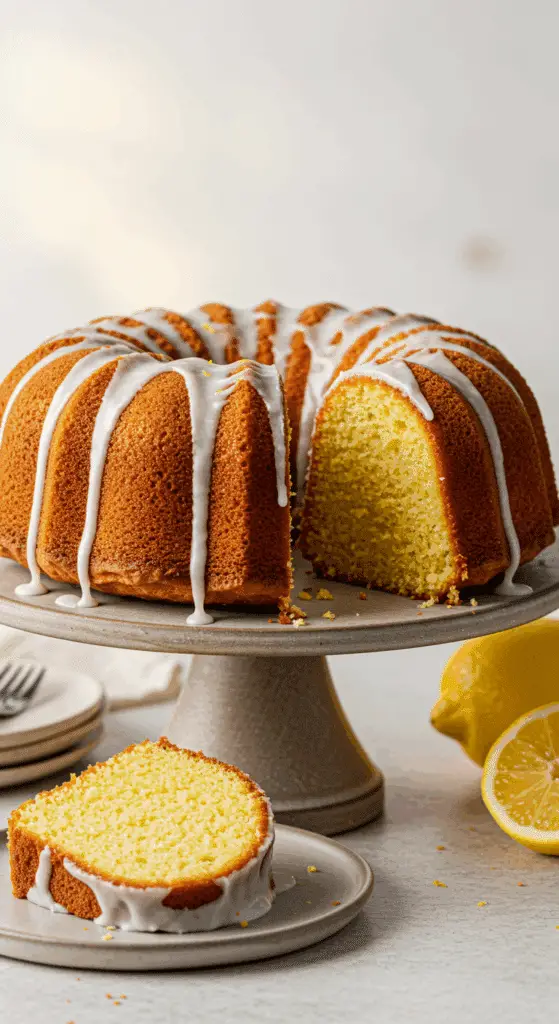 A beautiful, golden-brown homemade, moist Lemon Pound Cake on a cake stand, with a thick, white lemon glaze dripping down the sides and a perfect, tender slice cut out.