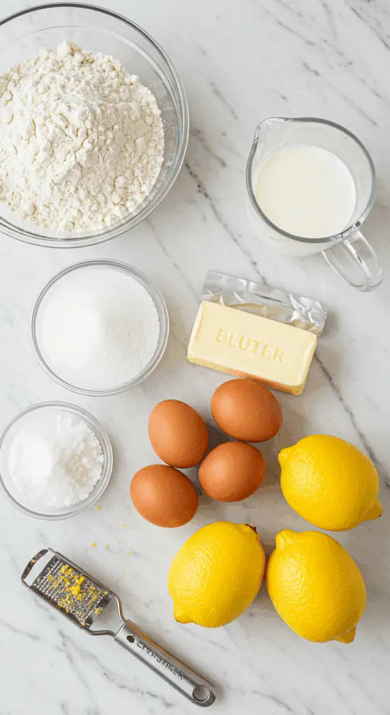 The simple, from-scratch ingredients for the classic and moist Lemon Pound Cake recipe.