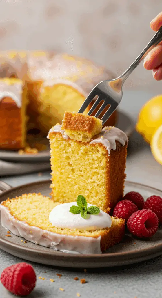 An elegant slice of homemade, moist, and glazed Lemon Pound Cake being served on a dessert plate with fresh raspberries.