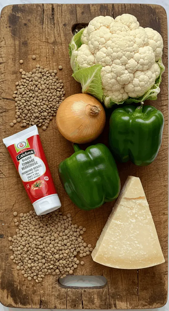 The simple, from-scratch ingredients for the classic and hearty Vegetarian Lentil Shepherd's Pie with a cauliflower mash topping.