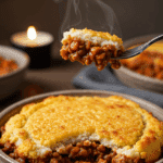 A cozy bowl of homemade, creamy, and hearty Lentil Shepherd's Pie being served for a family dinner.