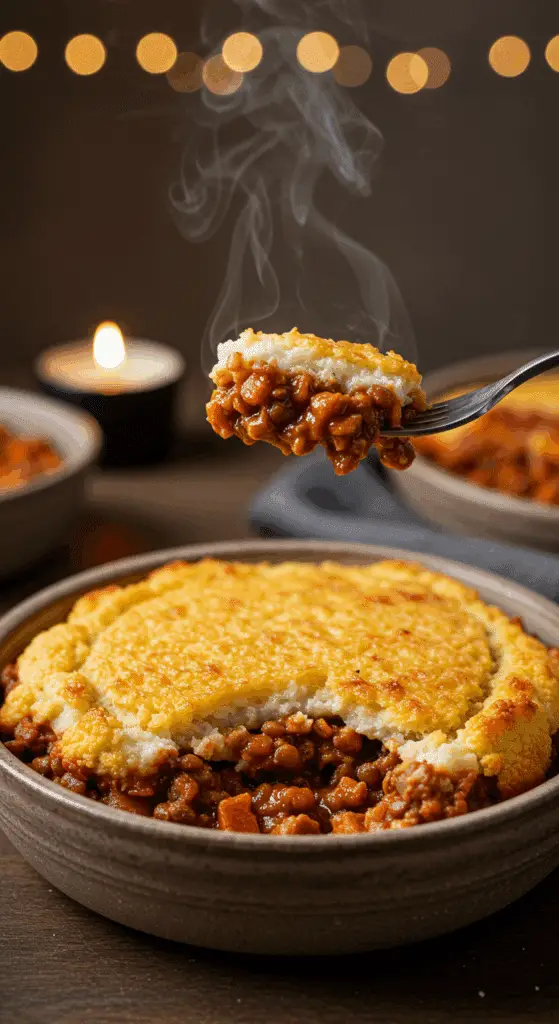 A cozy bowl of homemade, creamy, and hearty Lentil Shepherd's Pie being served for a family dinner.