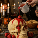 The whole, homemade, spooky, and beautiful Skull Cake being presented as the centerpiece at a fun and sophisticated Halloween party, just before the "melting" reveal.