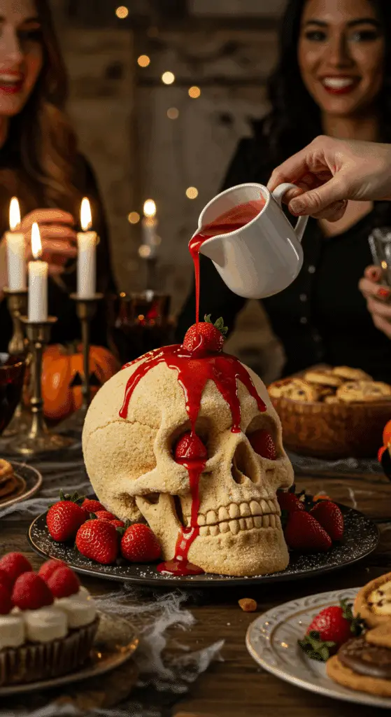The whole, homemade, spooky, and beautiful Skull Cake being presented as the centerpiece at a fun and sophisticated Halloween party, just before the "melting" reveal.