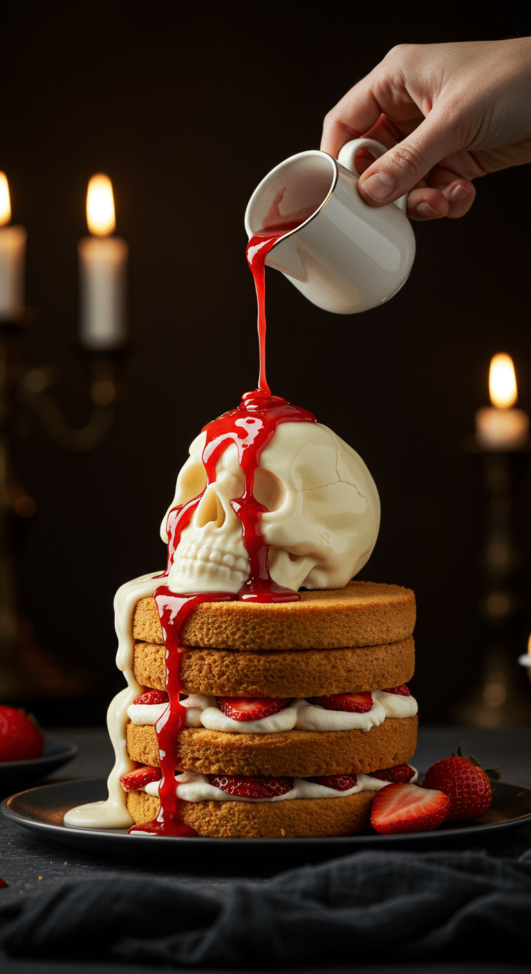 A beautiful, dramatic action shot of a homemade, spooky "Melting" Halloween Skull Cake, with a "bloody" red sauce being poured over the white chocolate skull to reveal a strawberry surprise inside.
