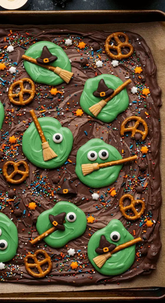 A beautiful, overhead shot of a homemade, spooky slab of Melting Witches Halloween Bark, with several "melting witch" scenes made from candy hats, brooms, and eyeballs.