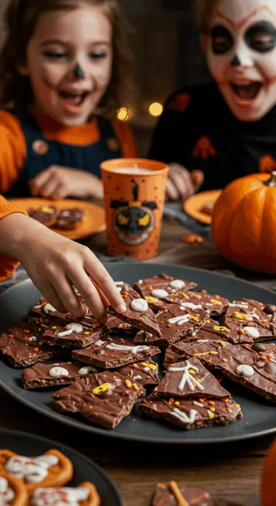 A large platter of homemade, spooky, and colorful pieces of Melting Witches Bark being served at a fun and casual Halloween party.