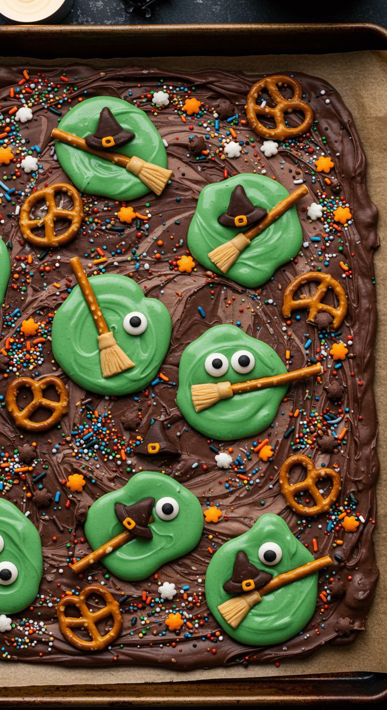 A beautiful, overhead shot of a homemade, spooky slab of Melting Witches Halloween Bark, with several "melting witch" scenes made from candy hats, brooms, and eyeballs.