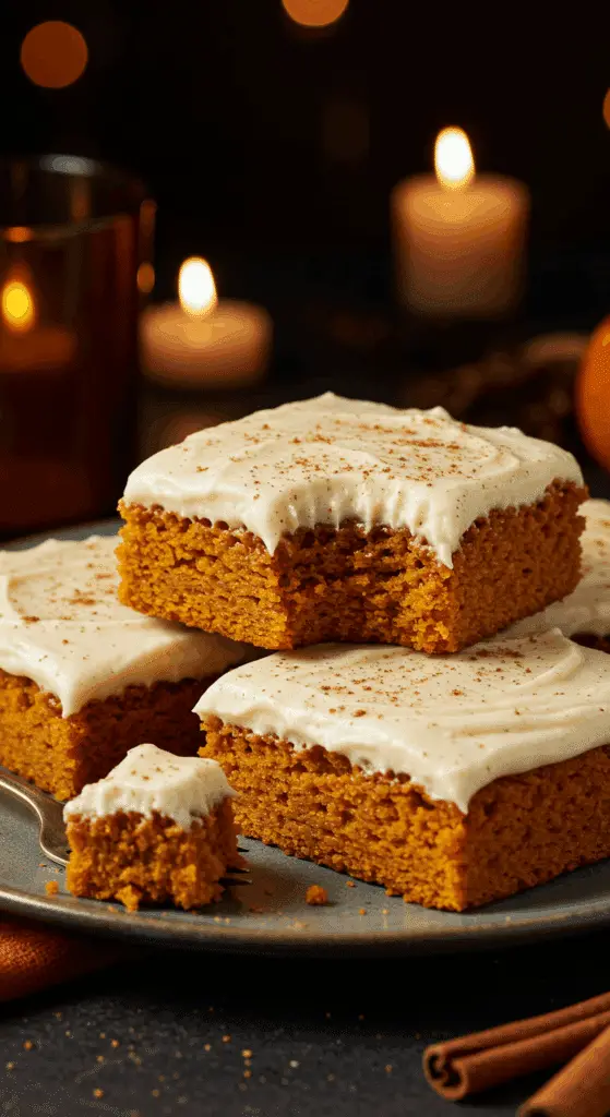 A beautiful, rustic platter of homemade, moist Pumpkin Bars, with a thick, luscious, white cream cheese frosting, and a single bite taken out to show the tender crumb.