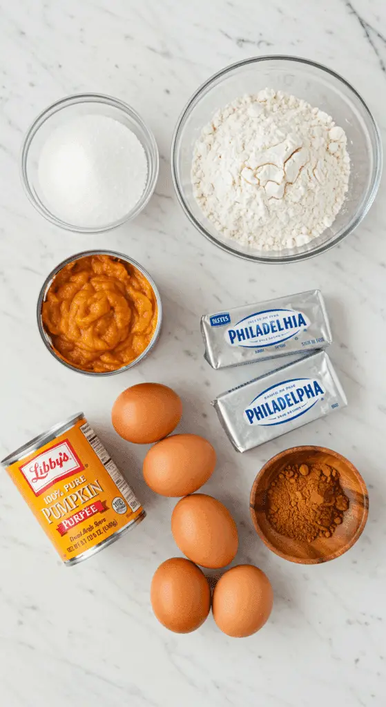 The simple, from-scratch ingredients for the classic and moist Pumpkin Bars with cream cheese frosting.