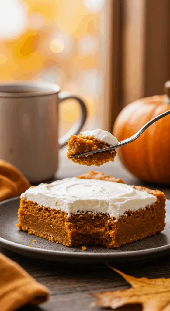 A beautiful slice of homemade, moist, and frosted Pumpkin Bar being enjoyed with a fork and a cup of coffee on a cozy fall morning.