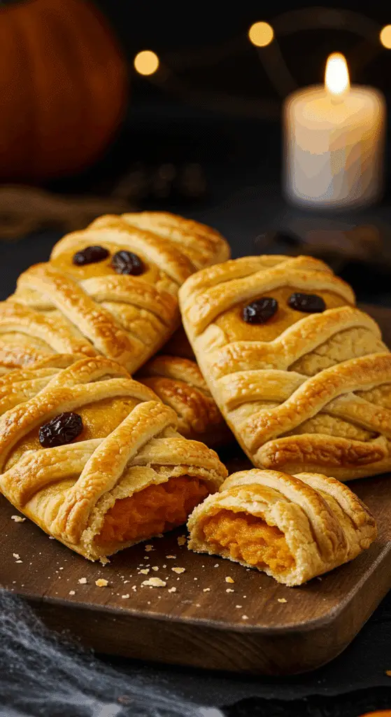 A beautiful, rustic platter of homemade, spooky, and fun Pumpkin Mummy Hand Pies, with a golden-brown, flaky pie crust "bandage" and cute raisin eyes.