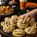A large platter of homemade, spooky, and adorable Pumpkin Mummy Hand Pies being served at a fun and casual Halloween party.