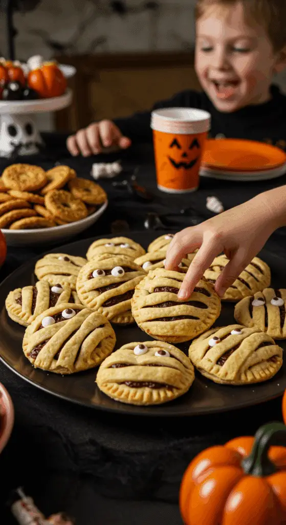 A large platter of homemade, spooky, and adorable Pumpkin Mummy Hand Pies being served at a fun and casual Halloween party.