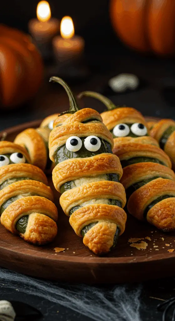 A beautiful, rustic platter of homemade, spooky, and fun Mummy Jalapeño Poppers, with a golden-brown, flaky crescent roll "bandage" and cute cream cheese eyes.