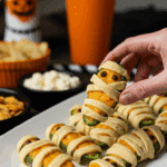 A large platter of homemade, spooky, and adorable Mummy Jalapeño Poppers being served at a fun and casual Halloween party.