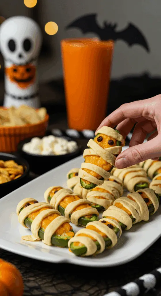 A large platter of homemade, spooky, and adorable Mummy Jalapeño Poppers being served at a fun and casual Halloween party.