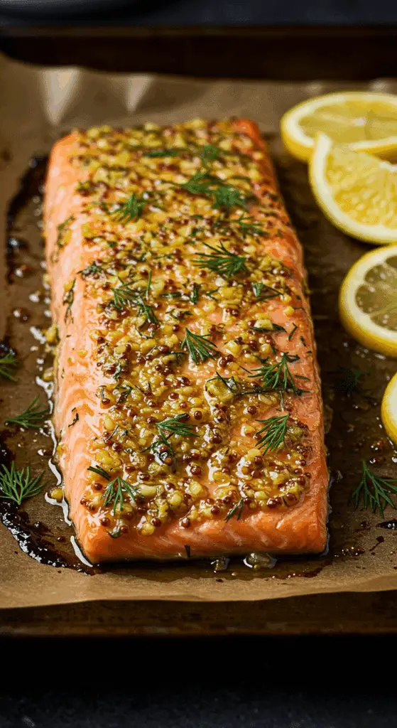 A beautiful, large filet of homemade, easy Honey Mustard Baked Salmon, with a thick, glossy, golden-brown glaze and garnished with fresh dill and lemon.