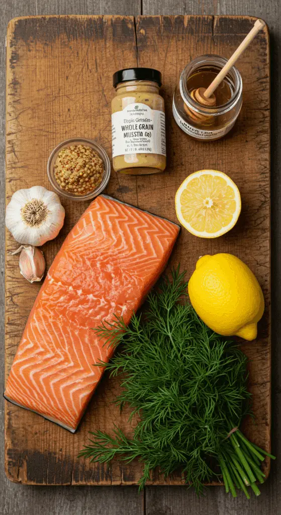The simple, fresh ingredients for the classic and easy Honey Mustard Baked Salmon recipe.