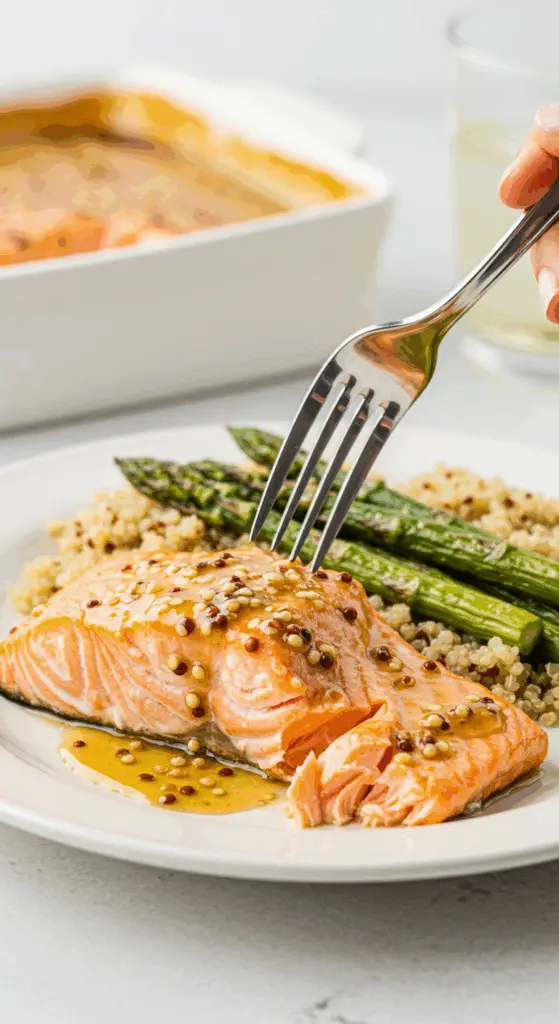 A healthy dinner plate with a serving of homemade, glazed Honey Mustard Baked Salmon, served with roasted asparagus and quinoa.