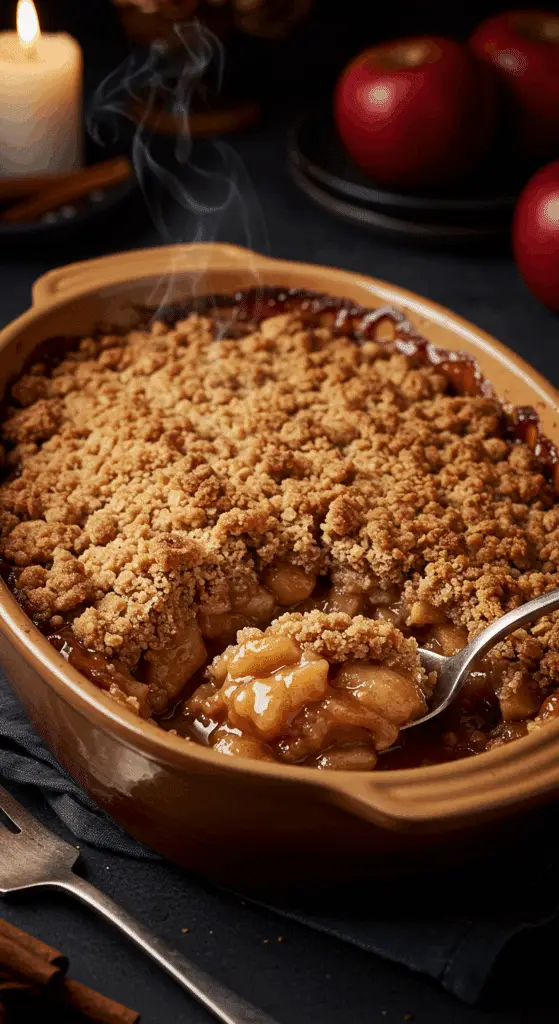A beautiful, rustic baking dish of a homemade, easy, and Old-Fashioned Apple Crisp, with a golden-brown, crispy oat streusel top and a gooey, bubbly apple filling.