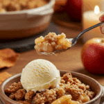 A beautiful bowl of a homemade, elegant, and crispy-topped Apple Crisp, being served with a large, melting scoop of vanilla bean ice cream at a Thanksgiving dinner.