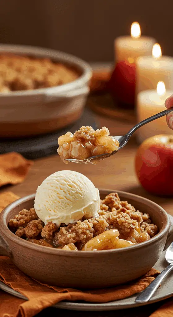 A beautiful bowl of a homemade, elegant, and crispy-topped Apple Crisp, being served with a large, melting scoop of vanilla bean ice cream at a Thanksgiving dinner.